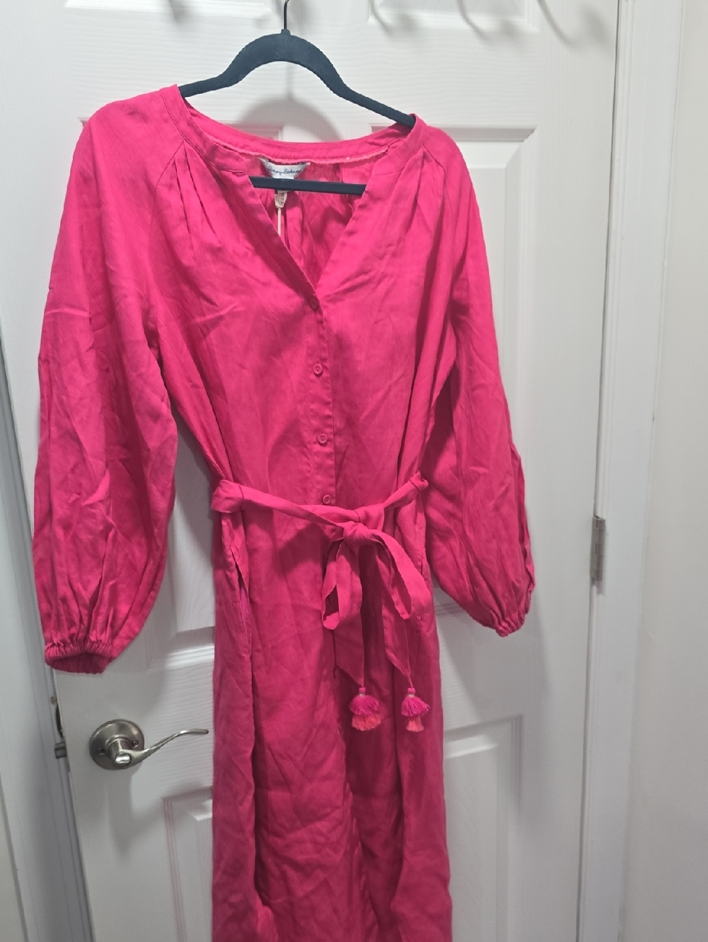 Tommy BAHAMA Bright Pink Button-Front Midi Dress with Tie Waist